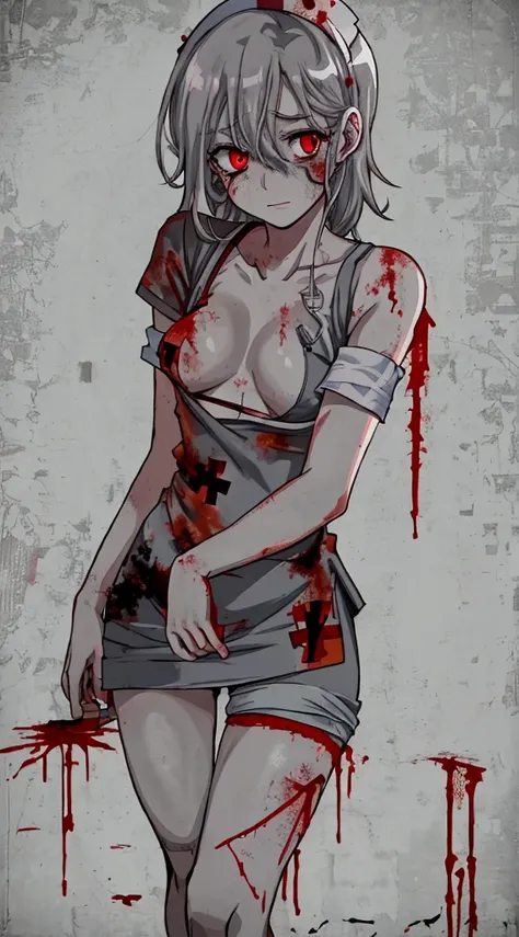 ((zombie)), ((sad)), (((adult))), (medium boobs), (slim), (((abandoned hospital))), ((red eyes)), (((ripped nurse uniform))), ((nipple)), ((((face detail)))), ((stitches)), ((((beautiful)))), ((legs)), (((gray skin))), (((bloody)))