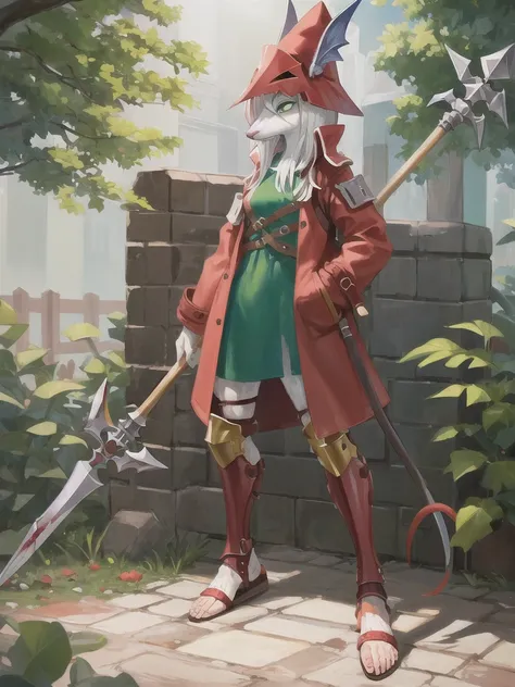 furry female, snout, red headwear, red jacket, mouse girl, green eyes, (masterpiece, best quality:1.2), full body portrait, freya crescent, 1girl, solo,(white skin:1.05), colored skin, furry, green dress, sandals, gladiator sandals, leg guards, spear, bloo...