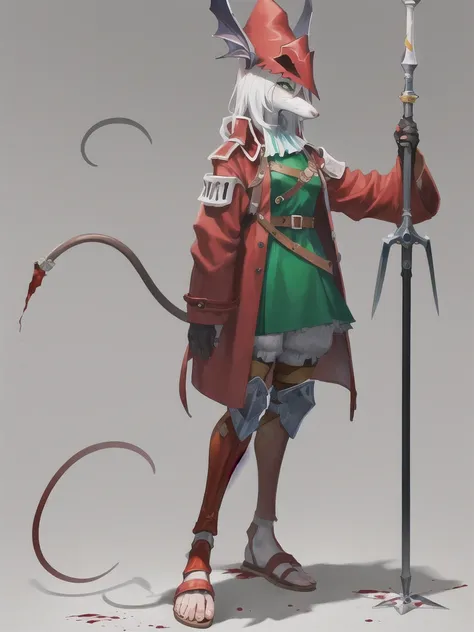 furry female, snout, red headwear, red jacket, mouse girl, green eyes, (masterpiece, best quality:1.2), full body portrait, freya crescent, 1girl, solo,(white skin:1.05), colored skin, furry, green dress, sandals, gladiator sandals, leg guards, spear, bloo...