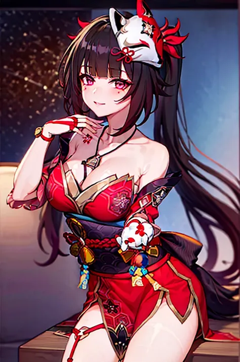 1 girl, spark \(honkai: star trails\), double tail, hair accessories, solitary, off-shoulder kimono, masks on head, separate sle...