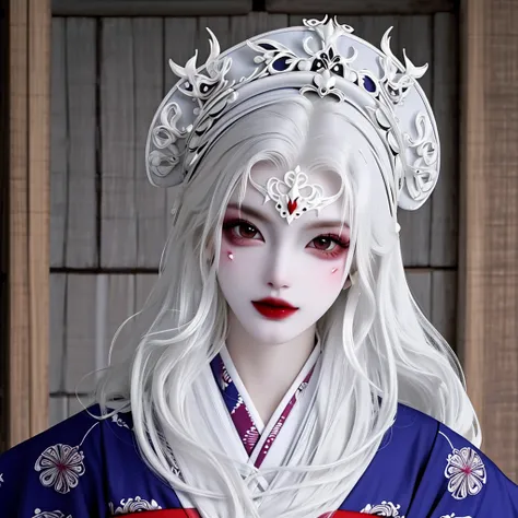 A pale woman, cabelos pretos longos q cobrem o rosto, usando um kimono branco surrado e parada em um corredor escuro, the eyes are completely black.[anime, terror, Gothic, fundo escuro]