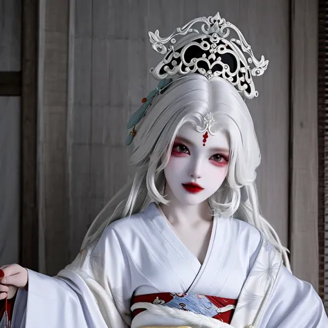 A pale woman, cabelos pretos longos q cobrem o rosto, usando um kimono branco surrado e parada em um corredor escuro, the eyes are completely black.[anime, terror, Gothic, fundo escuro]