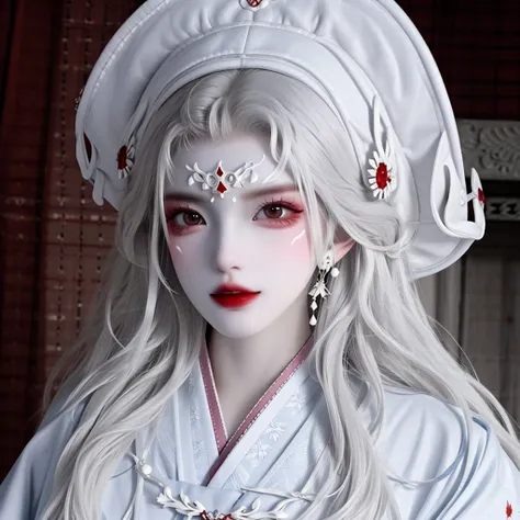 A pale woman, cabelos pretos longos q cobrem o rosto, usando um kimono branco surrado e parada em um corredor escuro, the eyes are completely black.[anime, terror, Gothic, fundo escuro]