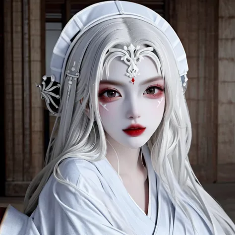 A pale woman, cabelos pretos longos q cobrem o rosto, usando um kimono branco surrado e parada em um corredor escuro, the eyes are completely black.[anime, terror, Gothic, fundo escuro]