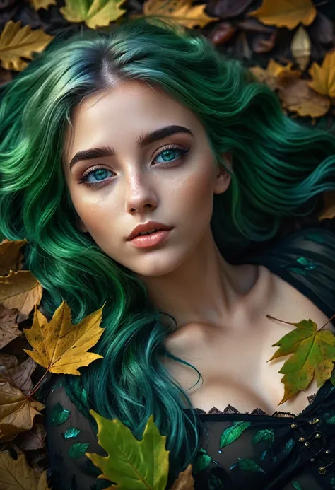 a girl with green hair and blue eyes is lying back in old-falling leaves bed of a dark background, perfect face, perfect body, full body, perfect legs, green flowing hair, full-body covered by old-falling leaves, girl with cosmic hair, 8k high quality deta...