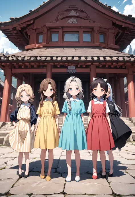 highest quality, movie quality, temple in the background, mysterious, 5 beautiful girls who are proud, group of 5 (10 years old,...