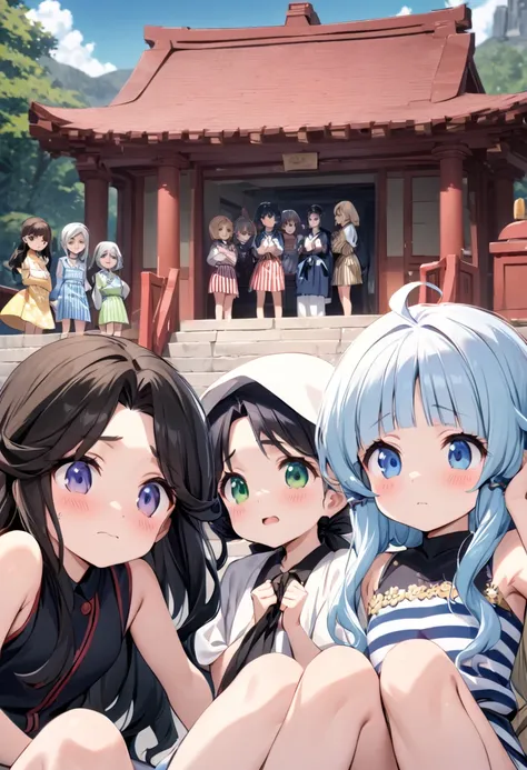 highest quality, movie quality, temple in the background, mysterious, 5 beautiful girls who are proud, group of 5 (10 years old,...