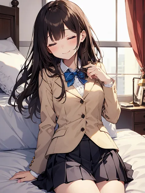 In one girl、fun、High school blazer with popular design、shirt、pleated skirt、white skirt、（small breasts）,smiling, brown hair ,blue eyes, at bed, sleeping, closed eyes 