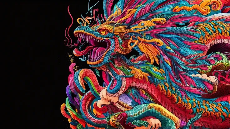 colorful dragon with a snake on its back, digital painting of quetzalcoatl, altamente intrincado e colorido, quetzalcoatl, obra-...