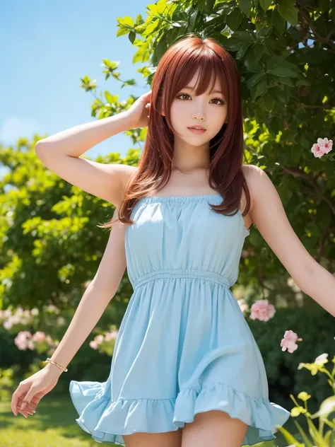 beautiful young woman, anime style, detailed face, red hair, red eyes, delicate features, soft lighting, wearing a summer dress, showing her thighs, standing in a park, vibrant greenery, clear blue sky, flowers in bloom, relaxed expression, dynamic pose, J...