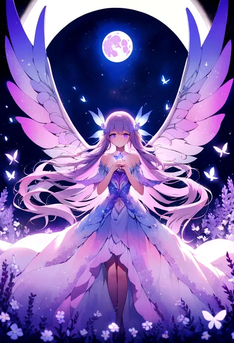 fully body view whimsical cute fairy ris Dreamwhisper exudes a dreamy, otherworldly beauty with her long, flowing hair in shades of lavender and soft pink, adorned with tiny blossoms and sparkling fairy dust. Her wings are delicate and translucent with hue...