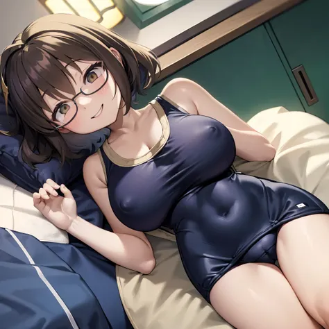 8k、masterpiece、Japanese、Woman wearing glasses、anise、from the front、smile、Childish、Big Breasts、Sheer School Swimsuit、night、Bedroom、Move the cloth between your legs to show