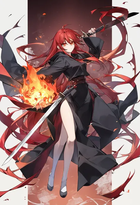 whole body、Red hair、Swordsman、Black robe、Beauty、Young、Burning Eyes