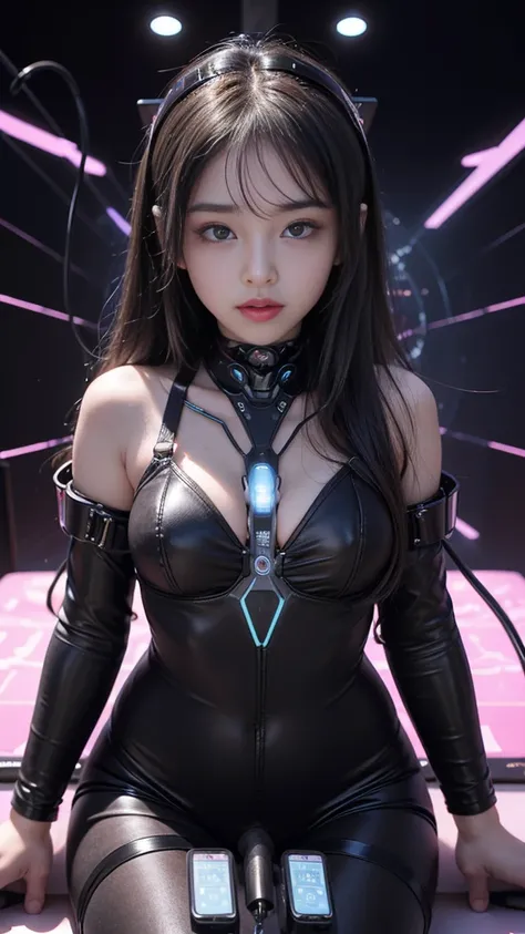 (Metaverse, Overhead world), Transcendent Cute Beautiful Girl, ((Baby Face)), ((Virtual Sex)), Outstanding Style, Perfect Anatomy, Cutting-edge science and technology, wiring, Neural connections, Brain climax, Sexual pleasure, (((A very patient expression)...