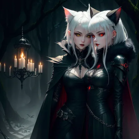 Vampire (neko) Girl with long vampire fangs. tousled short white hair hair. cat pupils in white glowing eyes, cat ears. long vampire fangs, very extremely beautiful, Beautiful face of a young woman. Gothic Necromancer Armor, red, Black pants. grey fur cape...