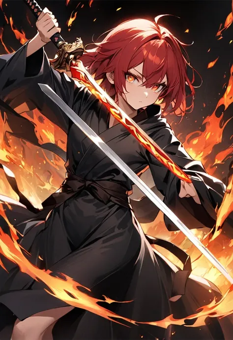 whole body、red hair、swordsman、black robe、beauty、young、burning eyes