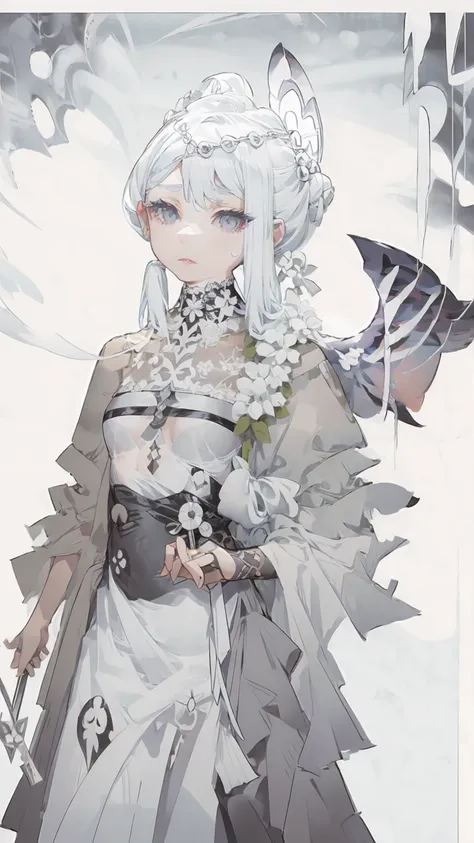 White Hair,White eyelashes,White Eyes,looking at the camera,Black long shirt,Realistic clothing drawing,Drawing range is from the waist up,An ennui look,Gazing somewhere far away,Fleeting atmosphere,Her hair is long and straight.,Smoke is shining,Wearing f...