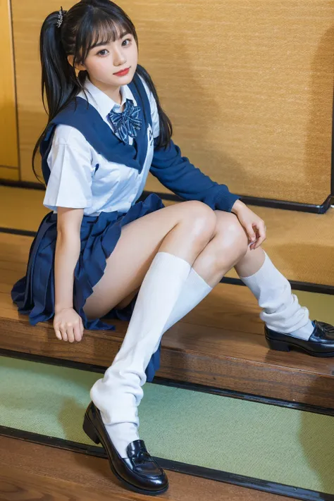 (photorealistic:1.4), best quality, masterpiece, raw 32k photo, (extremely detailed japanese beautiful girl), (extremely detailed eyes:1.2), (cute face:1.2), ultra-detailed, ultra high res, amazing, BREAK,sitting,
(school uniform:1.5),(full body:1.2), deta...