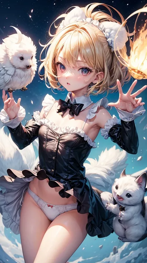 (masterpiece, highest quality:1.3), 1 cute girl, ideal ratio body proportions, blonde short hair, black frilled mini skirt, puffy shoulders, bare arms, magic wand, (white cotton panties, 1 strange small animals:1.4), dynamic pose, night city, 