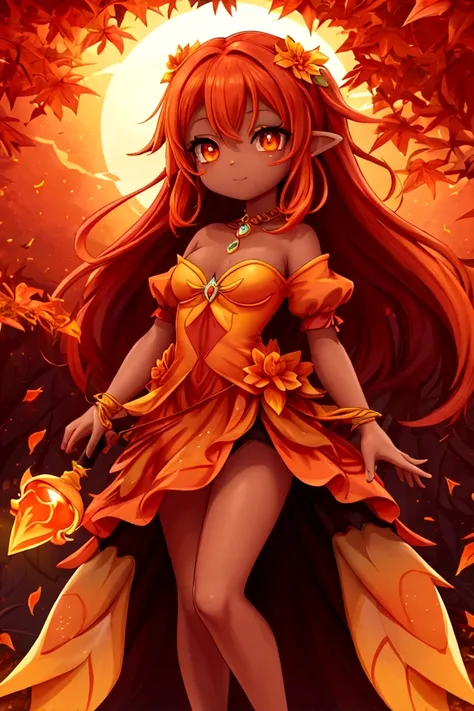 fully body view whimsical cute fairy  Tangerine Duskdancer has a vibrant and enchanting presence with her flowing hair in shades of tangerine and deep orange, adorned with tiny glowing orbs and sparkling twilight dew. Her wings are translucent with hues of...