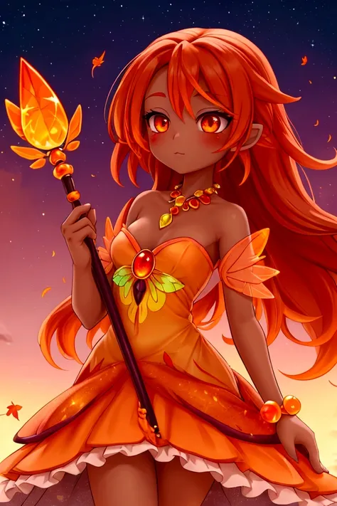 fully body view whimsical cute fairy  Tangerine Duskdancer has a vibrant and enchanting presence with her flowing hair in shades of tangerine and deep orange, adorned with tiny glowing orbs and sparkling twilight dew. Her wings are translucent with hues of...