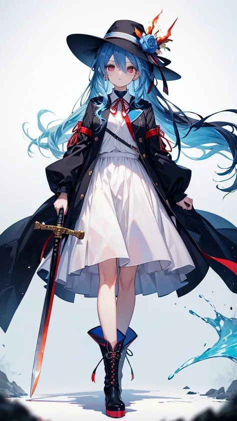 Blue hair long　A black hat with a small peach on it　Lori　　Fair skin　Red ribbon on chest　White clothes　Blue long skirt　Seven-colored decoration on the skirt　Have a flaming sword　Brown boots