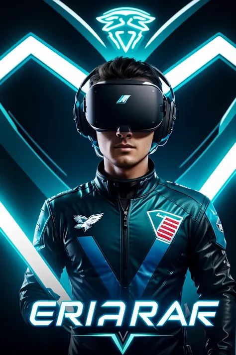 Design a dynamic e sports emblem featuring a futuristic eagle wearing virtual reality goggles, set against a backdrop of electric blue and neon green, with the team name "AYN RST" prominently displayed below.