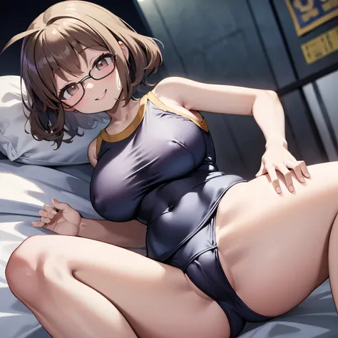 8k、masterpiece、Japanese、Woman wearing glasses、anise、from the front、smile、Childish、Big Breasts、Sheer School Swimsuit、night、Bedroom、Move the cloth between your legs to show