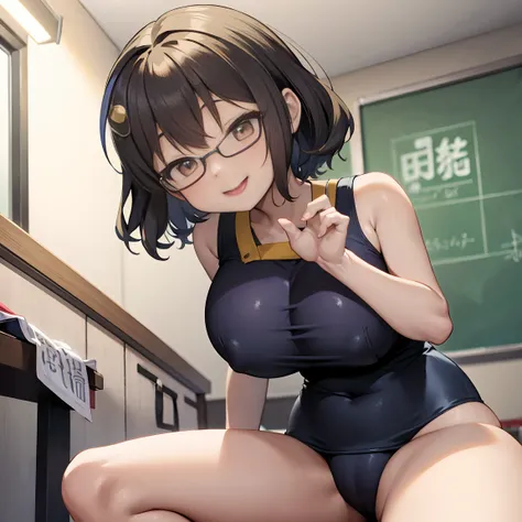 8k、masterpiece、Japanese、Woman wearing glasses、anise、from the front、smile、Childish、Big Breasts、Sheer School Swimsuit、night、Bedroom、Move the cloth between your legs to show