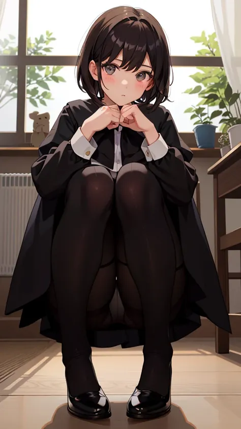 One Girl、Positive、Configuration from below、squat、Panty shot、Full body portrait、Brown haired、short hair、Medium Haircut、blush、Absolute area、Black knee socks、Black Knee High、Black Stockings、Black Pantyhose、Black lace pantyhose、White underwear、White panties、Wh...