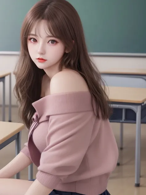 ((One Girl)), ((Highest quality)), (Super detailed), (Very detailed CG 統合 8k 壁紙), Very detailed, High-resolution RAW color photos, Professional photography, Brown Hair, Great face and eyes, Pink Eyes, (Amazingly beautiful girl), School, classroom, Off the ...