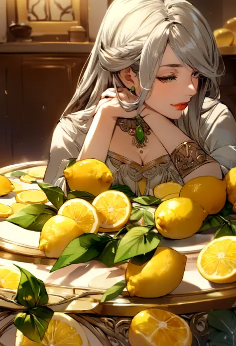 A refreshing southern French look using lemons,(Tabletop, Highest quality:1.2), Intricate details, Decoration, One Girl, Long Hair, (Mature Woman:1.2)