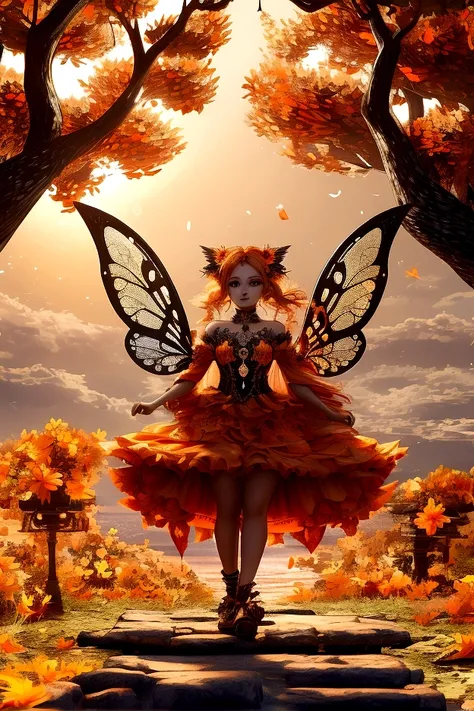 fully body view whimsical cute fairy Tangerine Duskdancer has a vibrant and enchanting presence with her flowing hair in shades of tangerine and deep orange, adorned with tiny glowing orbs and sparkling twilight dew. Her wings are translucent with hues of ...