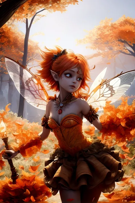 fully body view whimsical cute fairy Tangerine Duskdancer has a vibrant and enchanting presence with her flowing hair in shades of tangerine and deep orange, adorned with tiny glowing orbs and sparkling twilight dew. Her wings are translucent with hues of ...