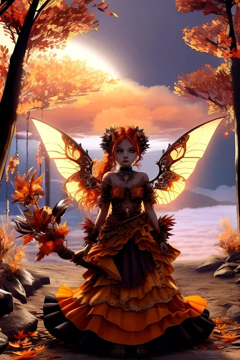 fully body view whimsical cute fairy Tangerine Duskdancer has a vibrant and enchanting presence with her flowing hair in shades of tangerine and deep orange, adorned with tiny glowing orbs and sparkling twilight dew. Her wings are translucent with hues of ...