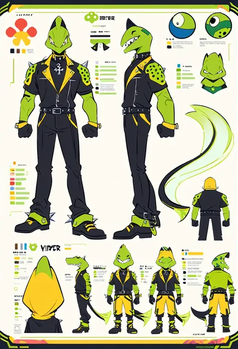 ((mejor calidad)), ((Obra maestra)), ((smiling anthropomorphic male green viper with a design based on Disney Pixar art:1.5)) Character pose: one hand on his hip and the other extended to his side, same for front, back, and side views. Clothing: piercing i...