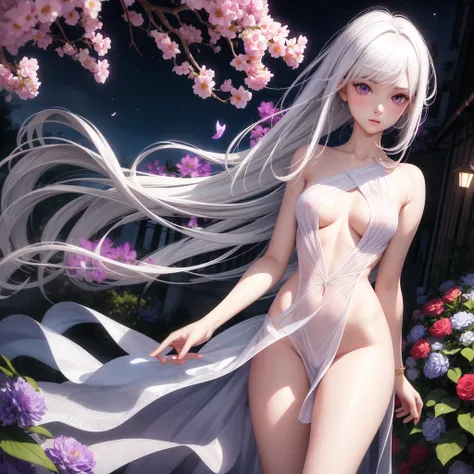 realistic, 1 girl, white hair, purple eyes, bright eyes, top cut, very thin short dress, very transparent, no panties, no bra, parted lips, blushing, night, flowers, sun, sollight,