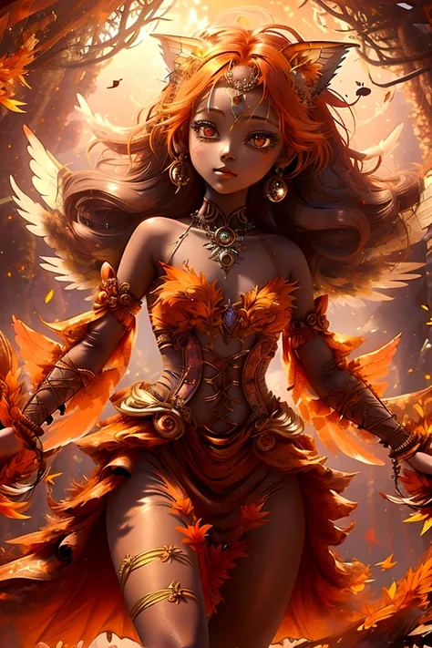 fully body view whimsical cute fairy Tangerine Duskdancer has a vibrant and enchanting presence with her flowing hair in shades of tangerine and deep orange, adorned with tiny glowing orbs and sparkling twilight dew. Her wings are translucent with hues of ...