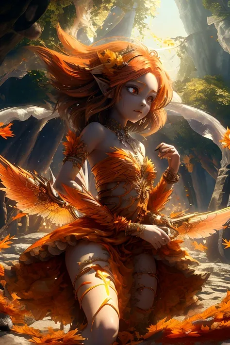 fully body view whimsical cute fairy Tangerine Duskdancer has a vibrant and enchanting presence with her flowing hair in shades of tangerine and deep orange, adorned with tiny glowing orbs and sparkling twilight dew. Her wings are translucent with hues of ...