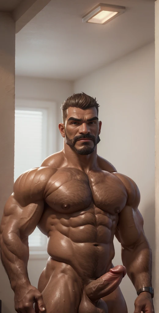 Cinematic soft lighting illuminates a stunningly detailed and ultra-realistic hyper muscular handsome aged 34 "Gabriel Reyes" sexiest daddy bodybuilder with big arms, very dark skinned, face with strong features, exuding huge sexual aura, meticulous muscle...