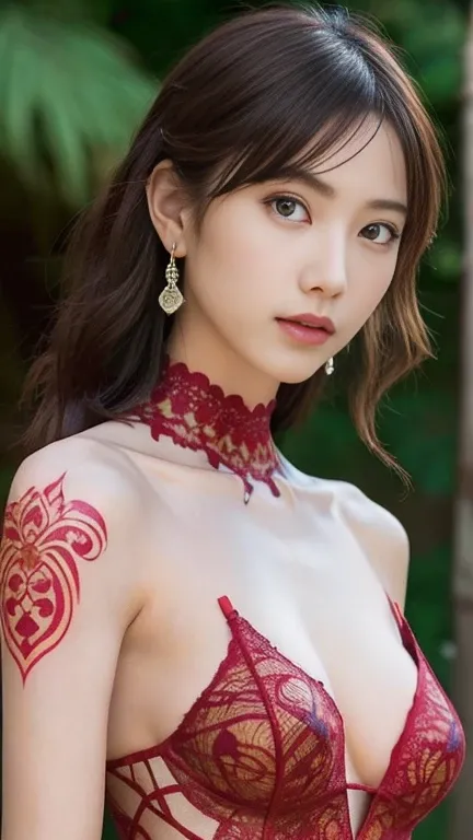 Anime-style woman, thin, thin, whole body, Full of tattoos, Lots of earrings, Beautiful and shiny hair, Rainbow Eyes, Slanted Eyes, Wavy Hair, Kind and charming, shoulderを露出させる, Delicate and sexy collarbone, Attractive oval face, double eyelid, Pink Lips, ...