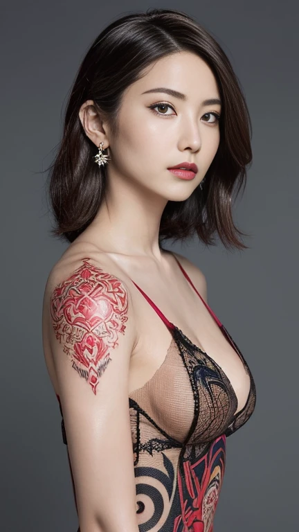 Anime-style woman, thin, thin, whole body, Full of tattoos, Lots of earrings, Beautiful and shiny hair, Rainbow Eyes, Slanted Eyes, Wavy Hair, Kind and charming, shoulderを露出させる, Delicate and sexy collarbone, Attractive oval face, double eyelid, Pink Lips, ...