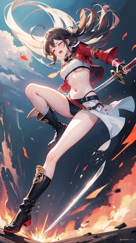 Girl, Navel exposed,  Wear calf-length socks and boots, Holding a sword, Being attacked by enemies, Close your eyes and scream