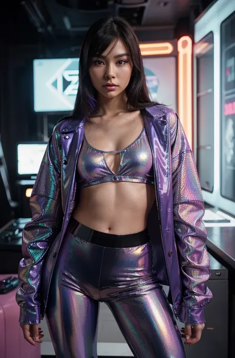 “Develop an HD Ultra Realistic image of Young Attractive Asian Woman Sophie Tan posing for a Y2K fashion editorial. Sophie is outfitted in a vibrant, holographic trench coat over a graphic tee and pleather pants, standing against a retro-futuristic backdro...