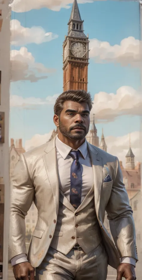 clock tower, a 30 y.o muscular male wearing long-sleeve white shirt and tie, (fancy suit:1.1), digital painting, detailed, sky, f/2.8, (ultra-detailed), (artstation:1.5), radiosity, High Detail, reflection,