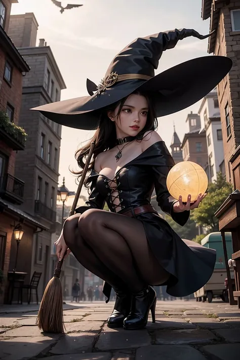 Create an image of a witch riding a broom in a magical world