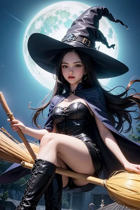 Create an image of a witch riding a broom in a magical world