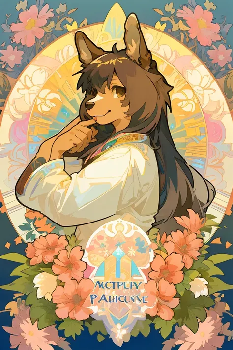 Highest quality, Highest quality, kaleidoscope, rzminjourney, Vector art, High quality illustrations by Alphonse Mucha, masterpiece(kemono, Yorkshire terrier)Logo, round, Colorful flowers,