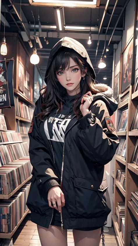 24-year-old woman、Finding records at a record store、Put on the hood of a parka