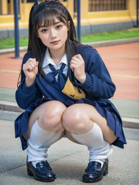 (photorealistic:1.4), best quality, masterpiece, raw 32k photo, (extremely detailed japanese beautiful girl), (extremely detailed eyes:1.2), (baby face),(cute face:1.2), ultra-detailed, ultra high res, amazing, BREAK,squatting,
(school uniform:1.5), (full ...